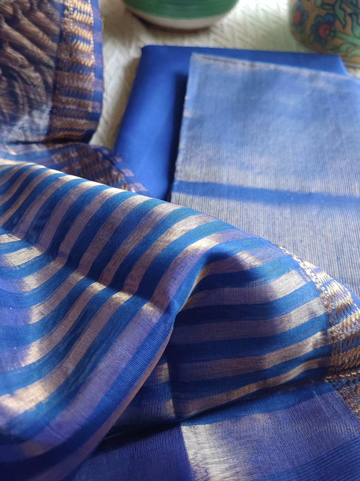 Cadmium Blue Maheshwari Tissue Suit With Zari Striped Shirt and Dupatta