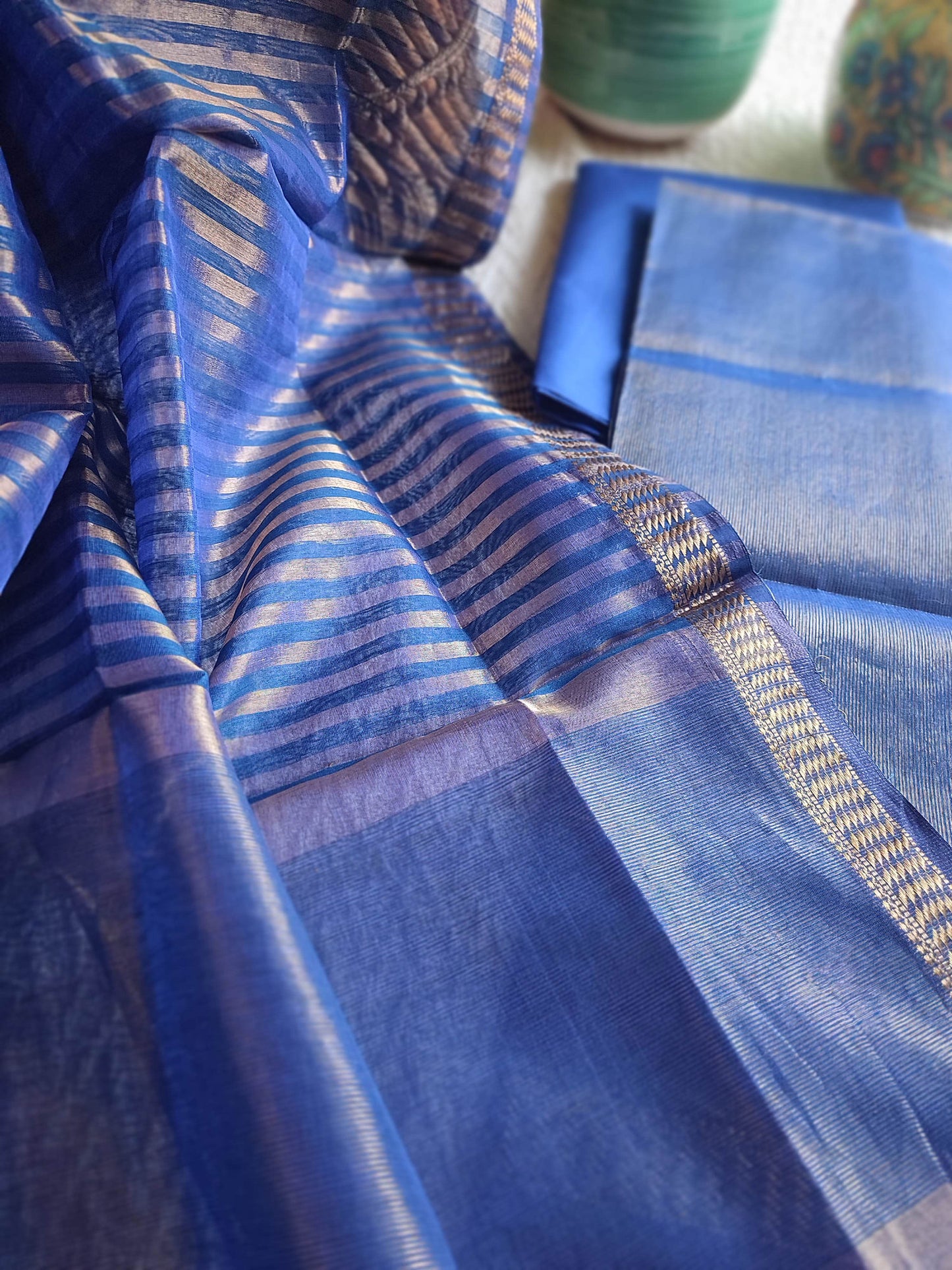 Cadmium Blue Maheshwari Tissue Suit With Zari Striped Shirt and Dupatta