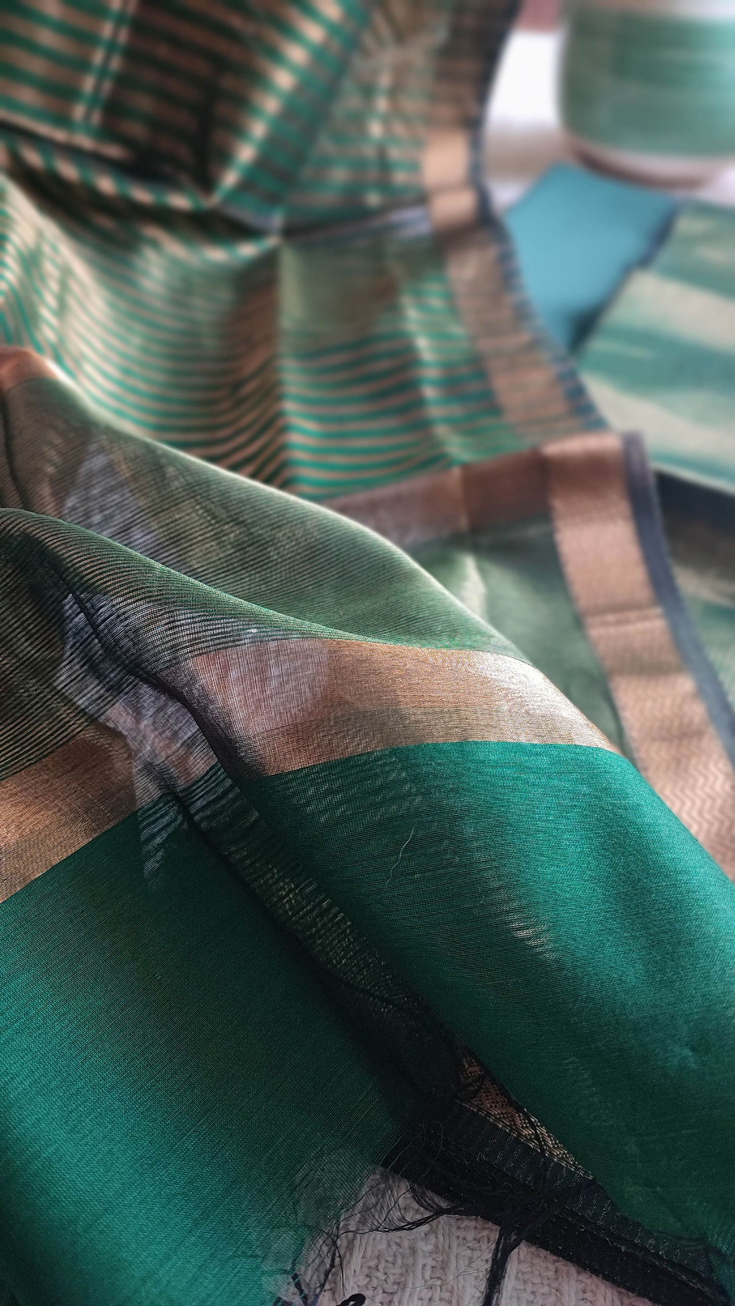 Emerald Green Maheshwari Tissue Suit With Zari Striped Shirt and Dupatta