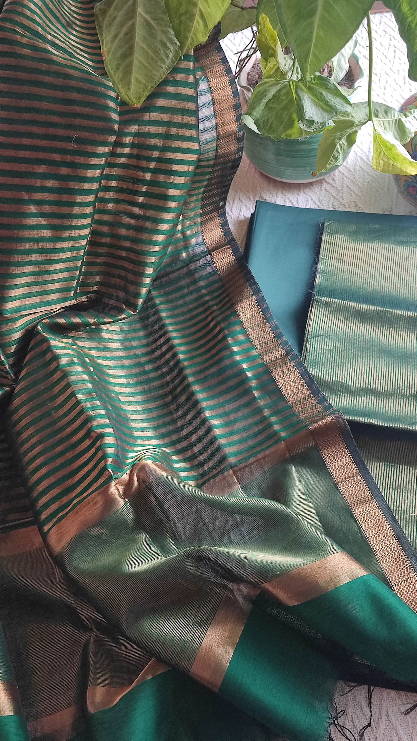 Emerald Green Maheshwari Tissue Suit With Zari Striped Shirt and Dupatta