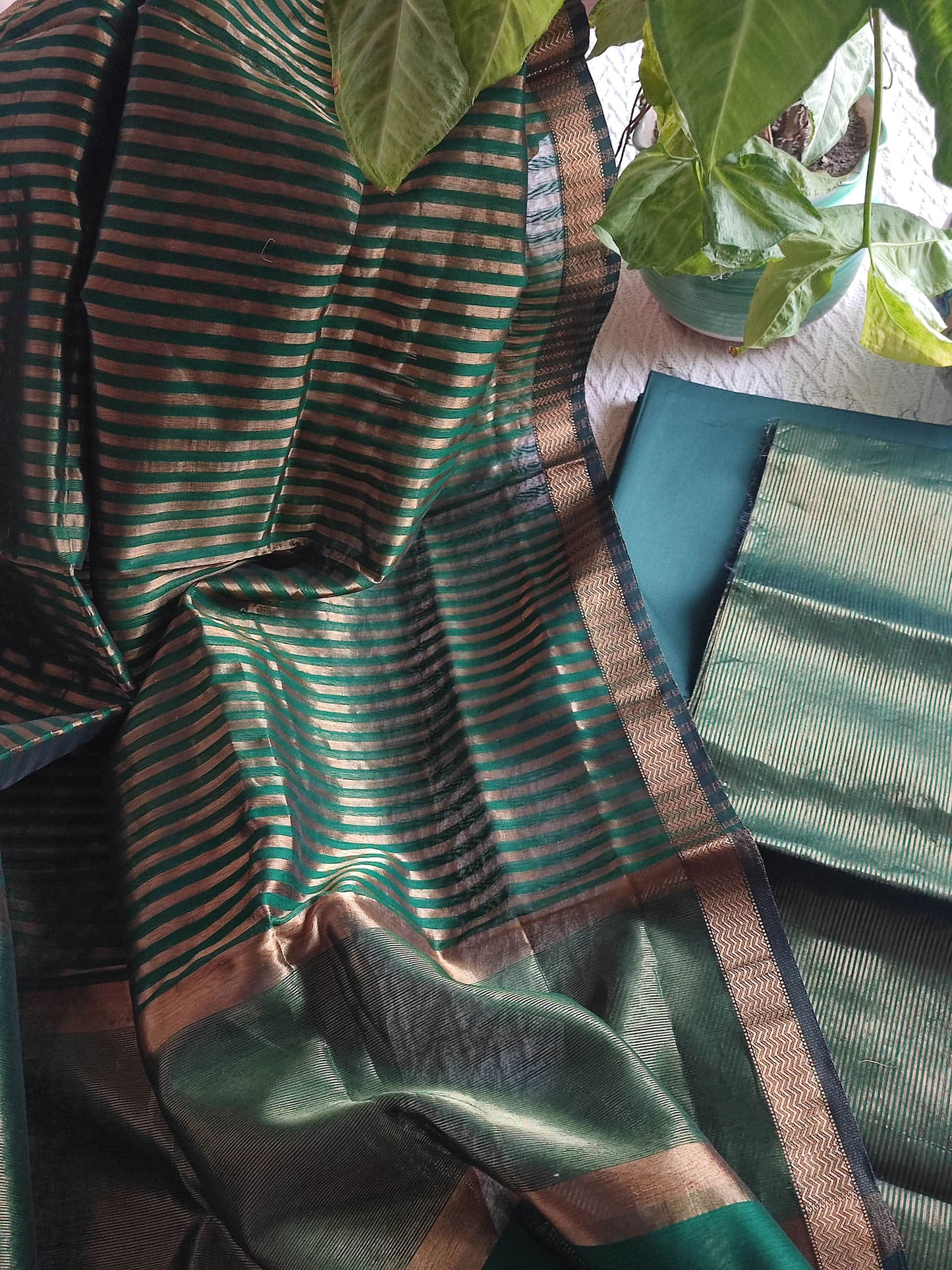 Emerald Green Maheshwari Tissue Suit With Zari Striped Shirt and Dupatta