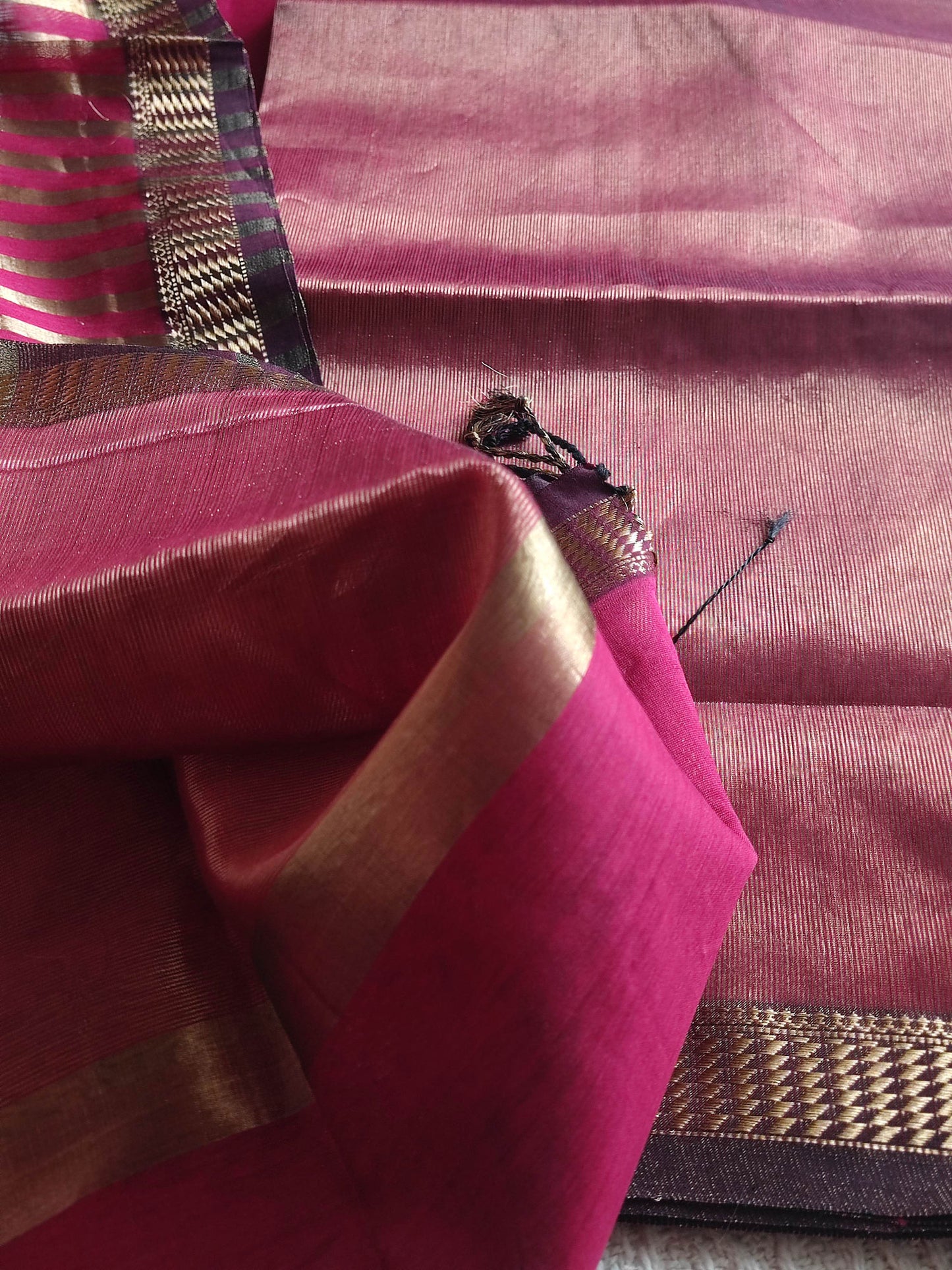 Dark Pink Maheshwari Tissue Suit With Zari Striped Shirt and Dupatta