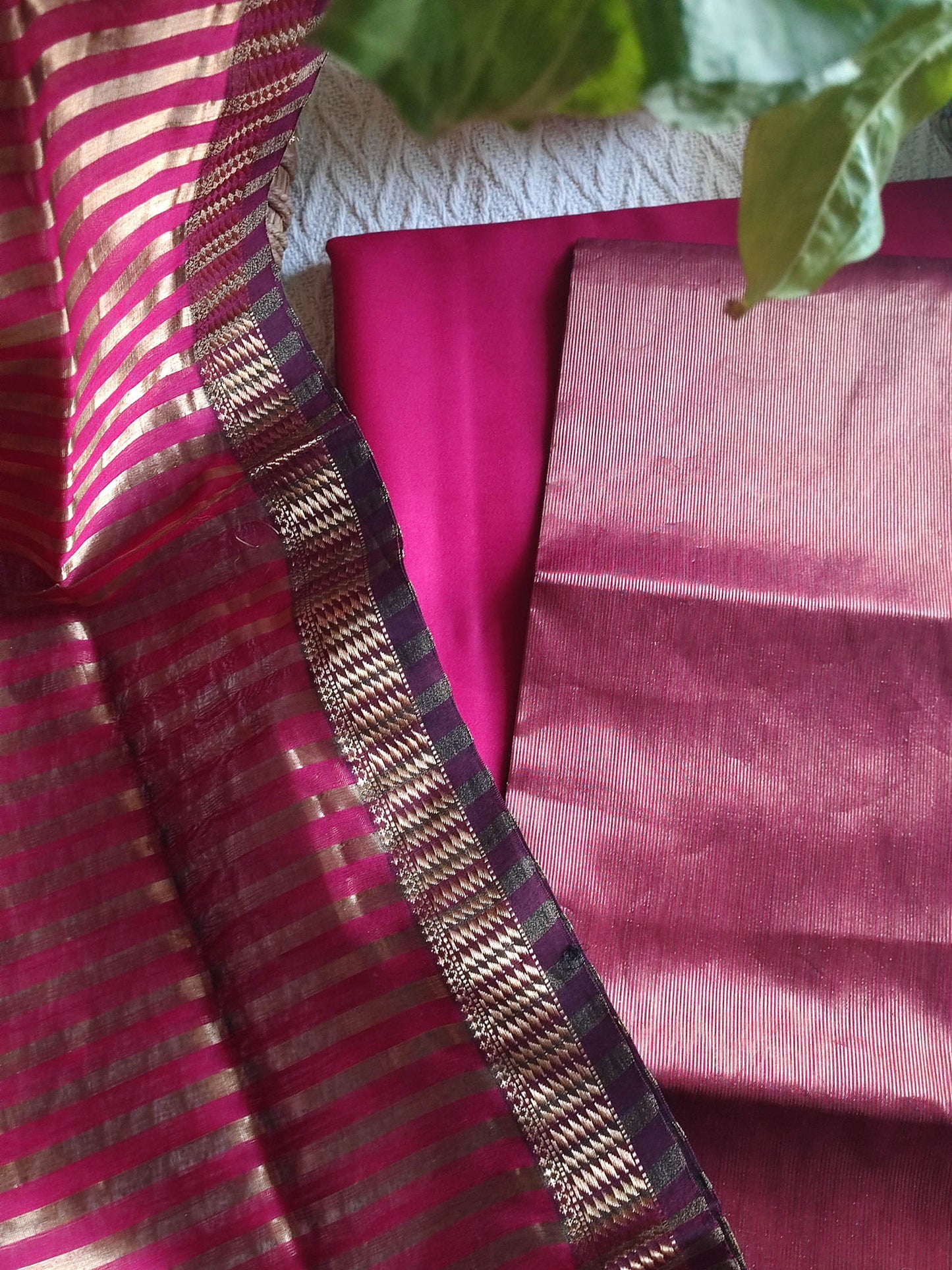 Dark Pink Maheshwari Tissue Suit With Zari Striped Shirt and Dupatta