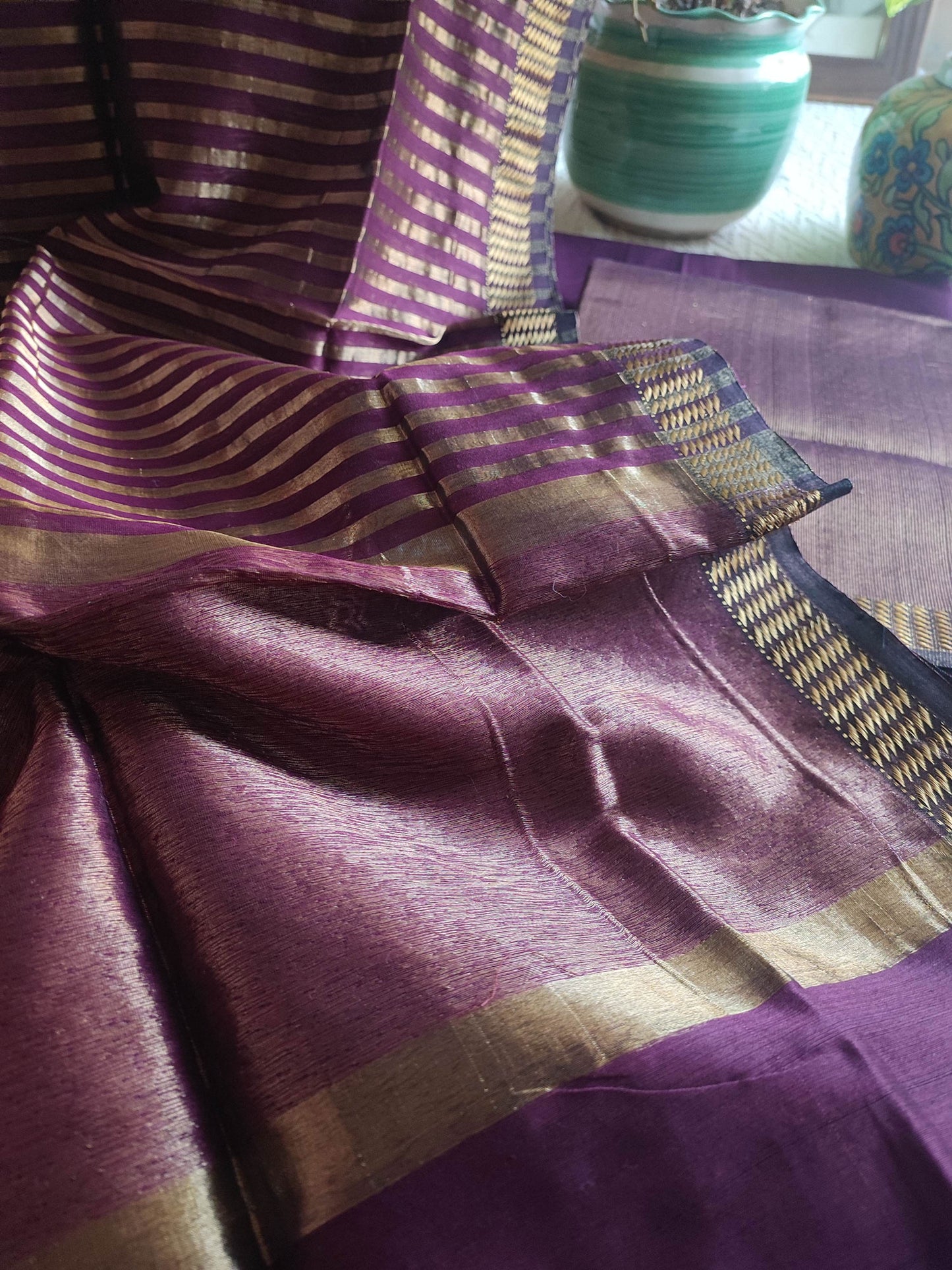 Purple Maheshwari Tissue Suit With Zari Striped Shirt and Dupatta