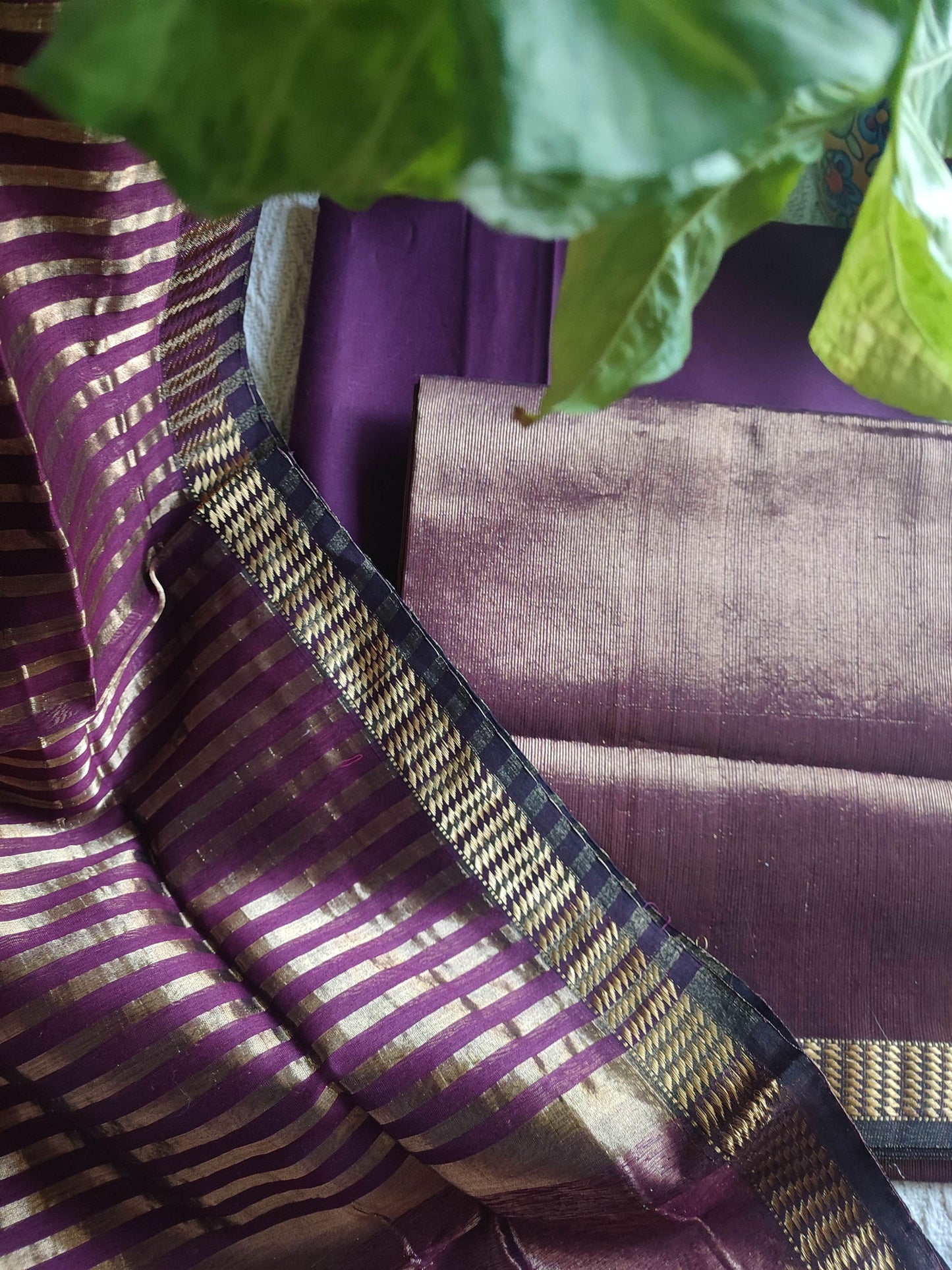 Purple Maheshwari Tissue Suit With Zari Striped Shirt and Dupatta