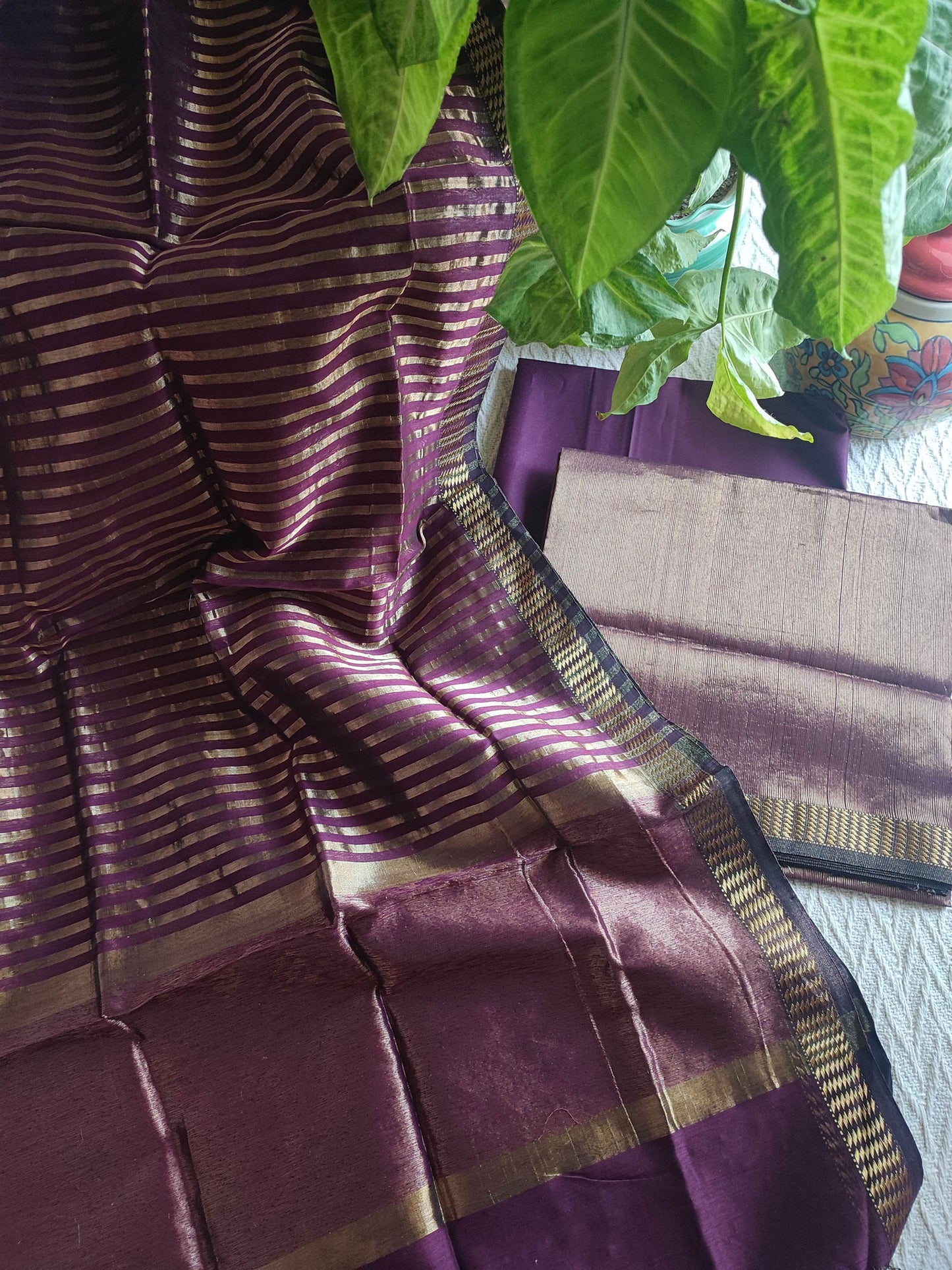 Purple Maheshwari Tissue Suit With Zari Striped Shirt and Dupatta