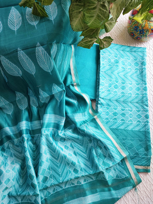 Turquoise Premium Chanderi Silk Suit With Shibori Work & Cotton Bottom