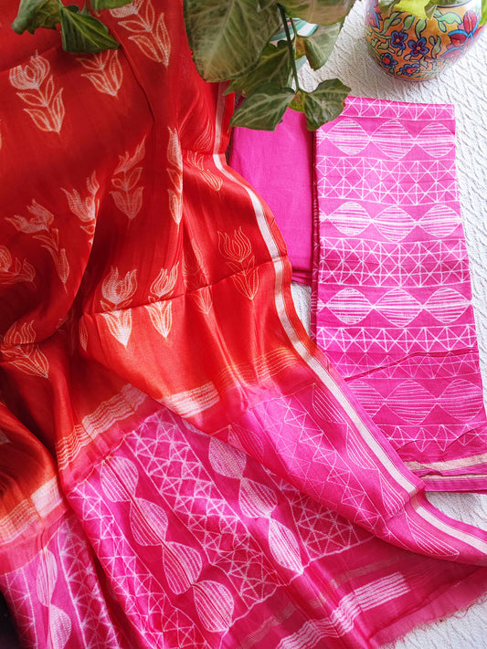 Crimson & Bubblegum Pink Premium Chanderi Silk Suit With Shibori Work & Cotton Bottom