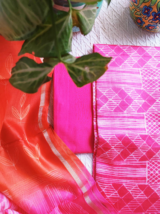 Crimson & Bubblegum Pink Premium Chanderi Silk Suit With Shibori Work & Cotton Bottom