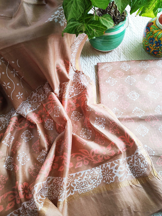 Tan Brown Handblock Print Premium Chanderi Silk Suit