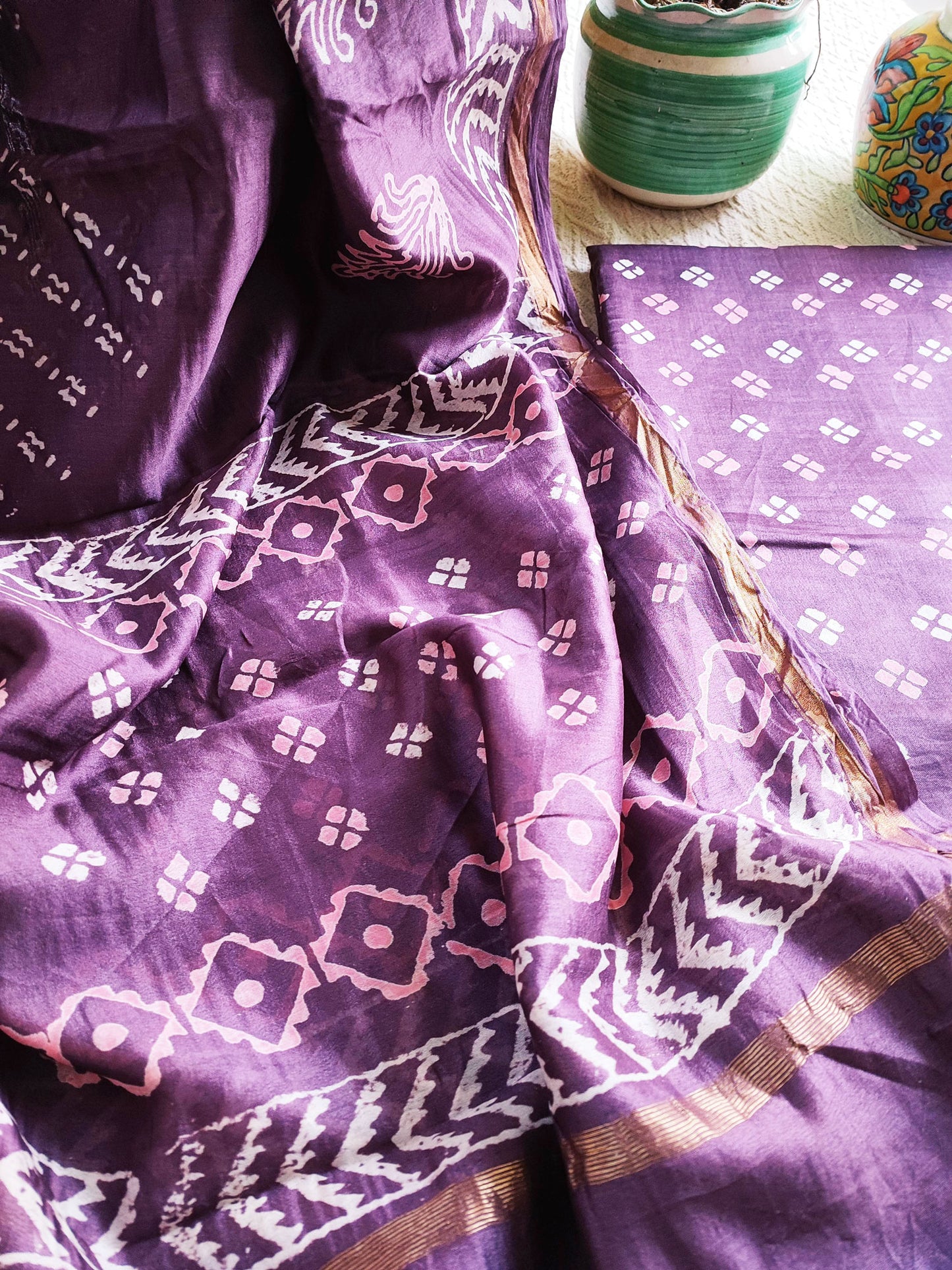 Purple Handblock Print Premium Chanderi Silk Suit