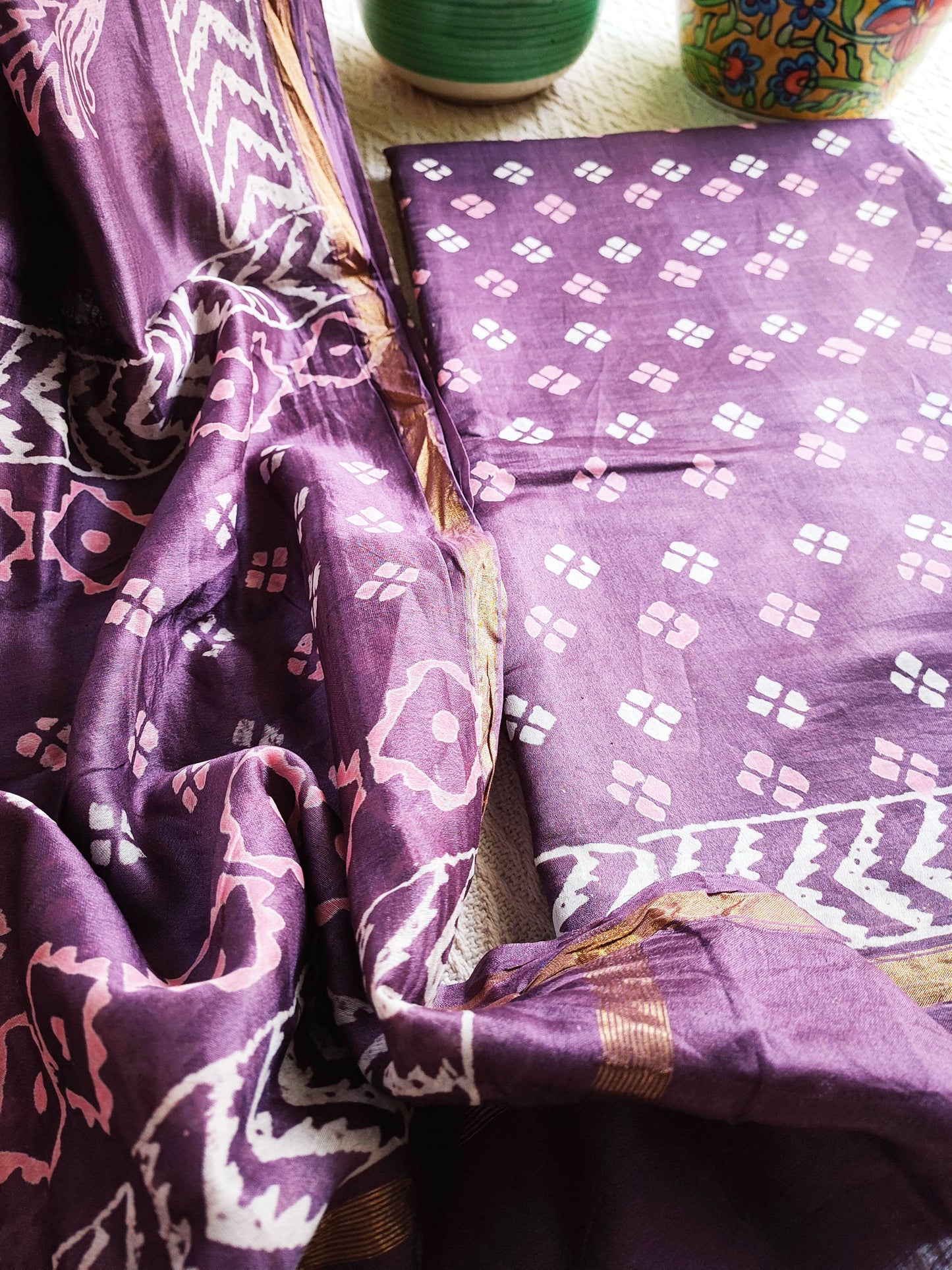 Purple Handblock Print Premium Chanderi Silk Suit