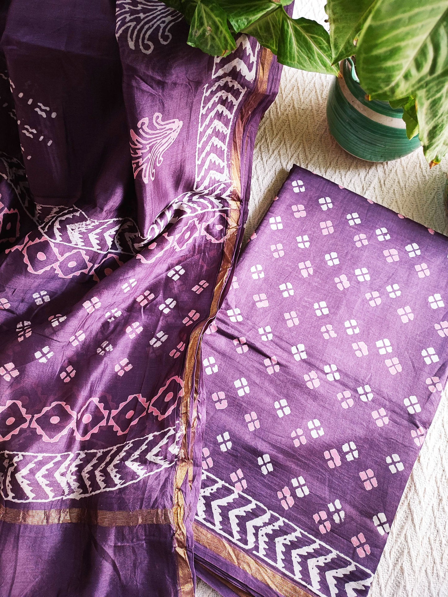 Purple Handblock Print Premium Chanderi Silk Suit