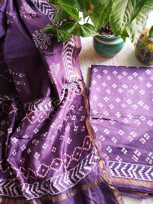 Purple Handblock Print Premium Chanderi Silk Suit