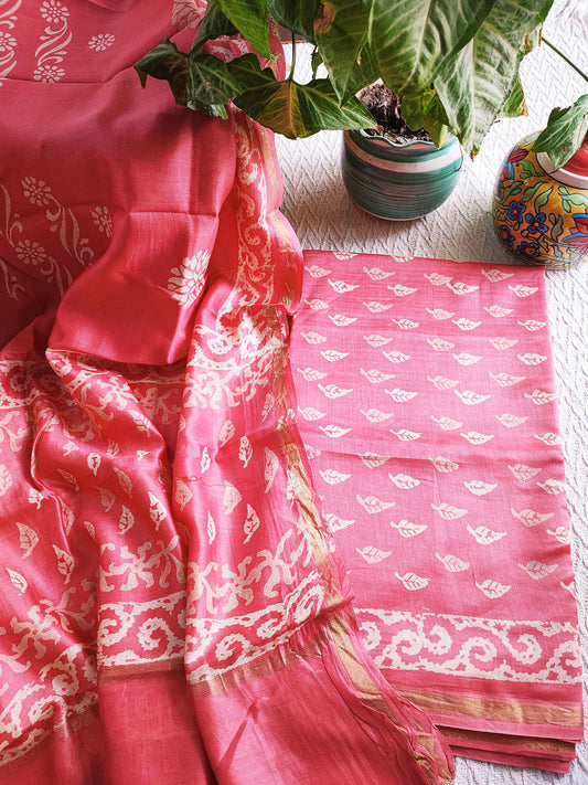 Coral Handblock Print Premium Chanderi Silk Suit