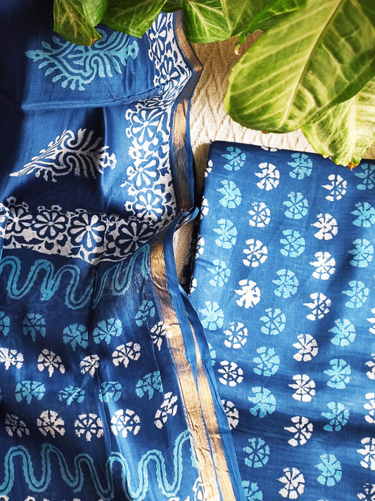 Electric Blue Handblock Print Premium Chanderi Silk Suit