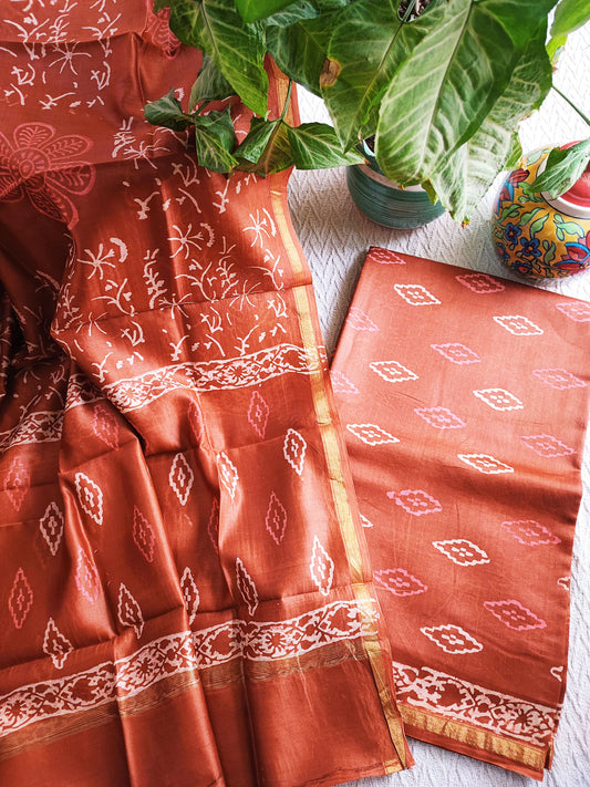 Rust Orange Handblock Print Premium Chanderi Silk Suit