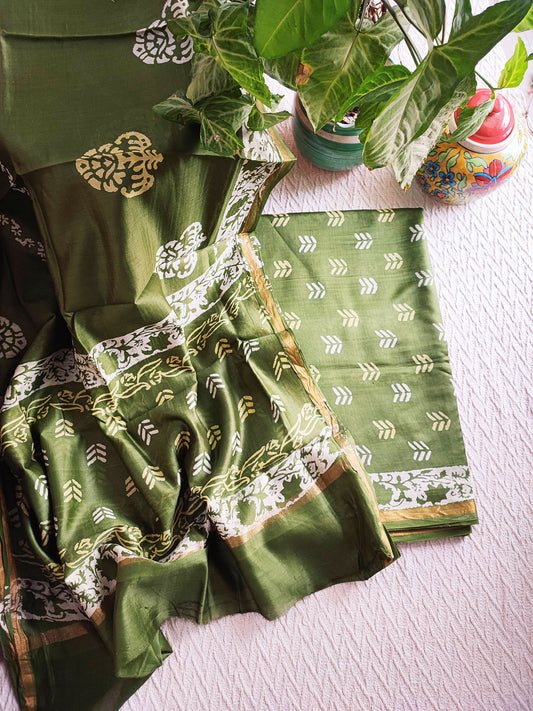 Moss Green Handblock Print Premium Chanderi Silk Suit