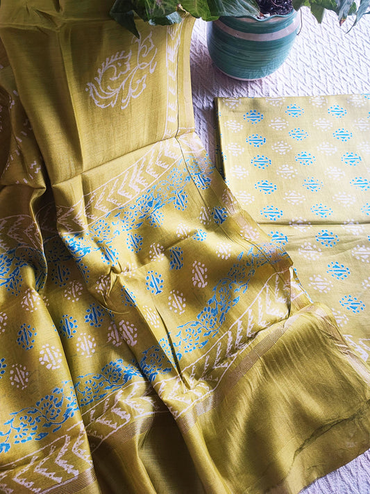 Olive Handblock Print Premium Chanderi Silk Suit