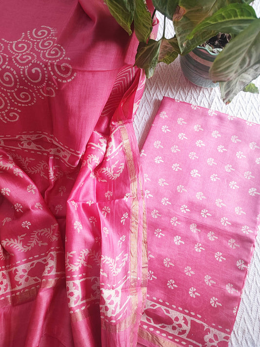 Punch Pink Handblock Print Premium Chanderi Silk Suit