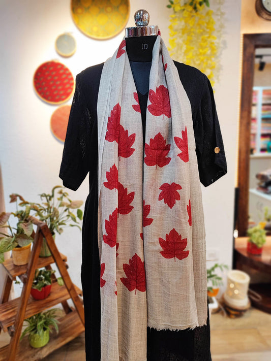 Greige Maple Leaf Print Fine Wool Pashmina Stole