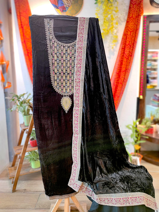 Black Velvet Suit Set with Exquisite Zari Handwork on Neck and Borders