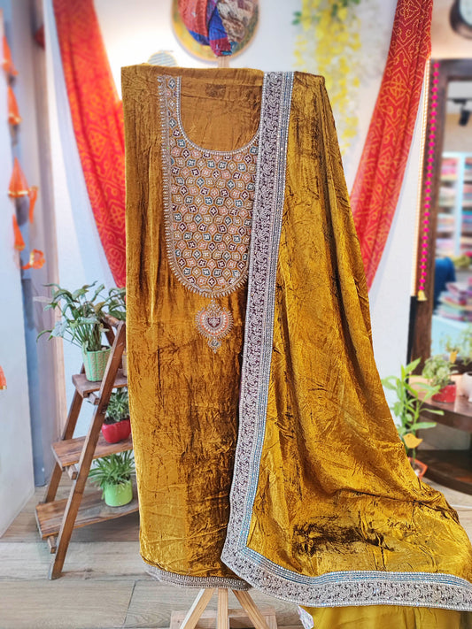 Mustard Velvet Suit Set with Exquisite Zari Handwork on Neck and Borders