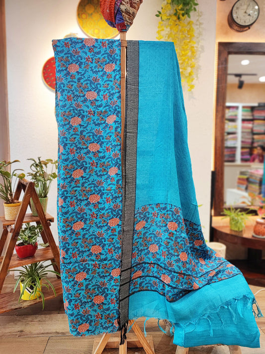 Electric Sky Blue Pure Pashmina Printed Silk Suit