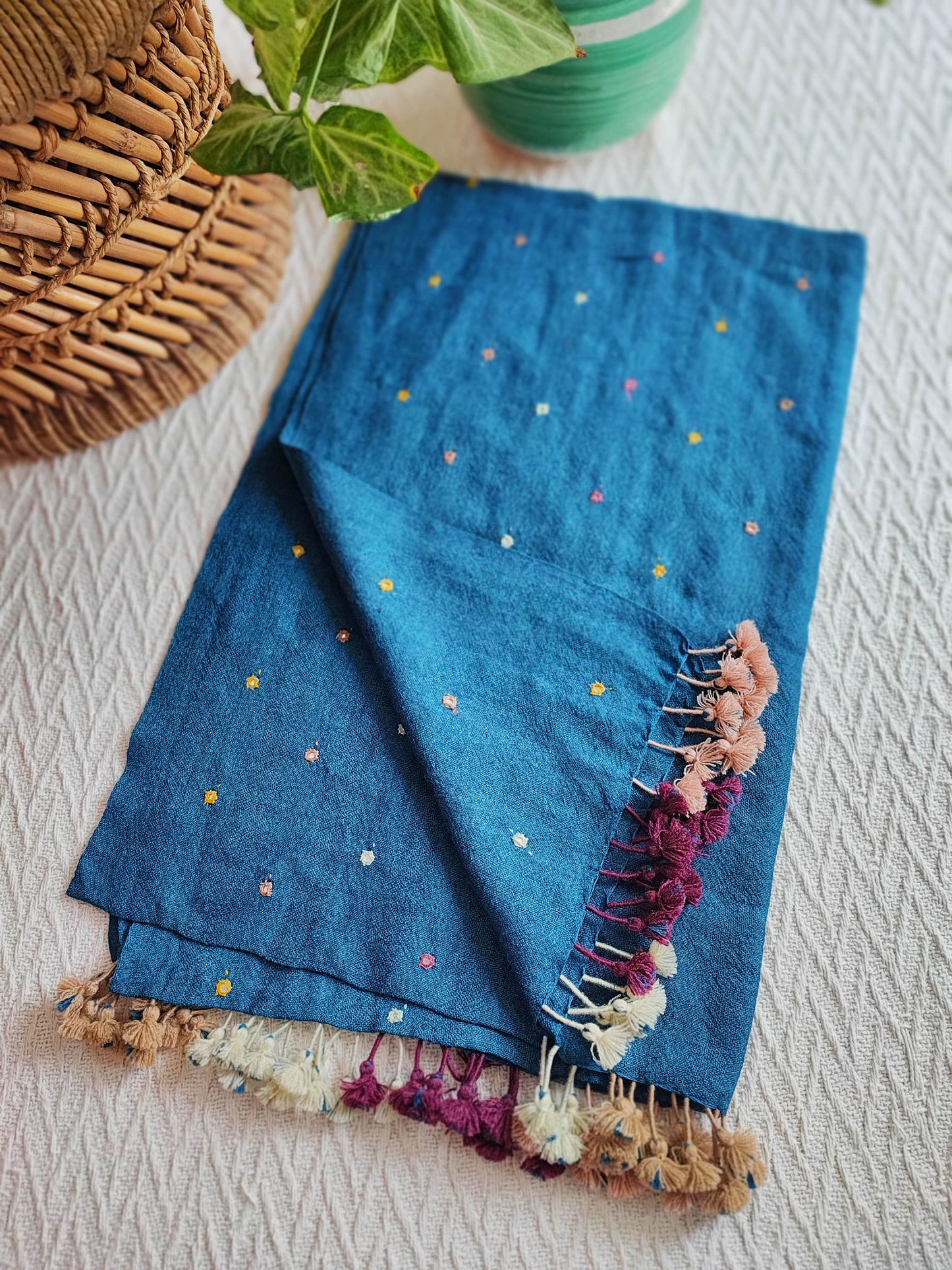 Dark Denim Blue Pure Wool Woven Handloom Stole With Mirror Work