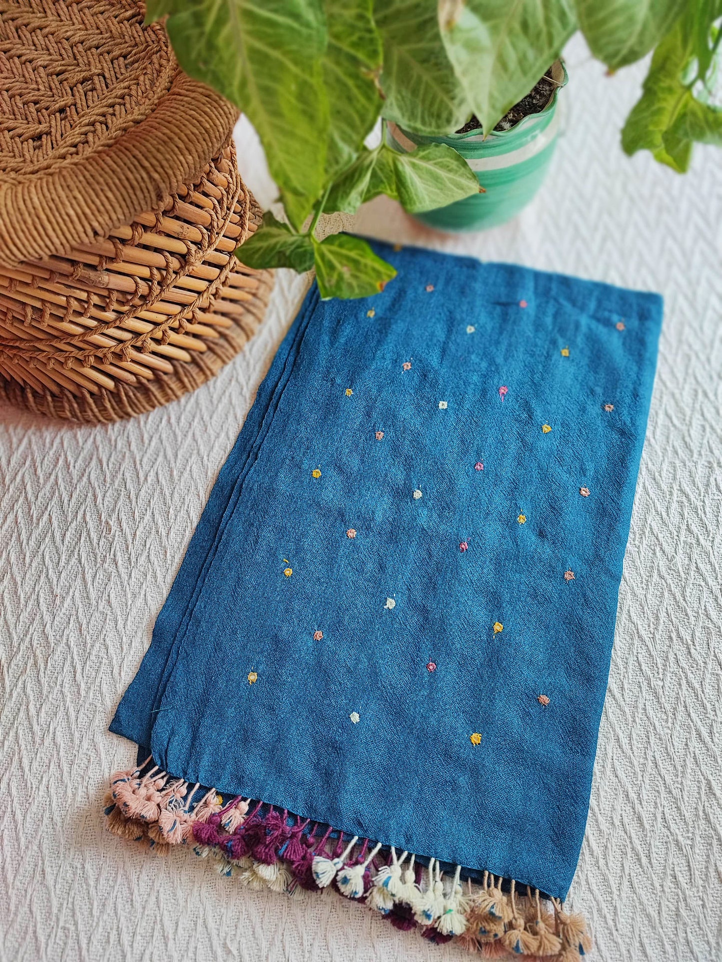 Dark Denim Blue Pure Wool Woven Handloom Stole With Mirror Work