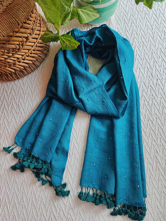 Dark Turquoise Pure Wool Woven Handloom Stole With Mirror Work