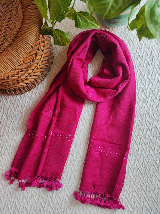 Magenta Pink Pure Wool Woven Handloom Stole With Mirror Work