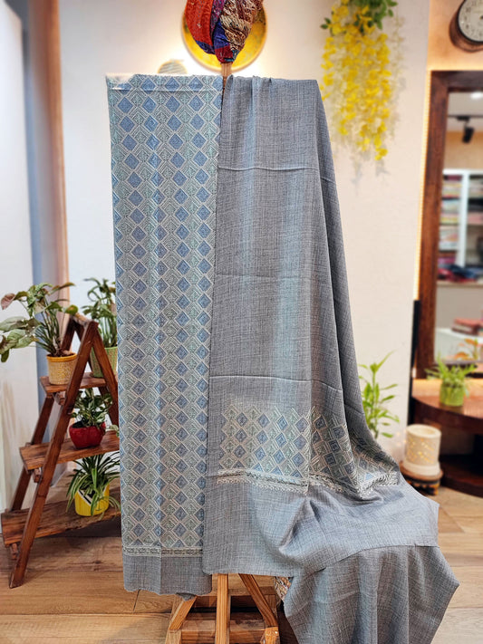 Gray Pure Wool Intricately Embroidered Kurta, Pant, and Shawl Set