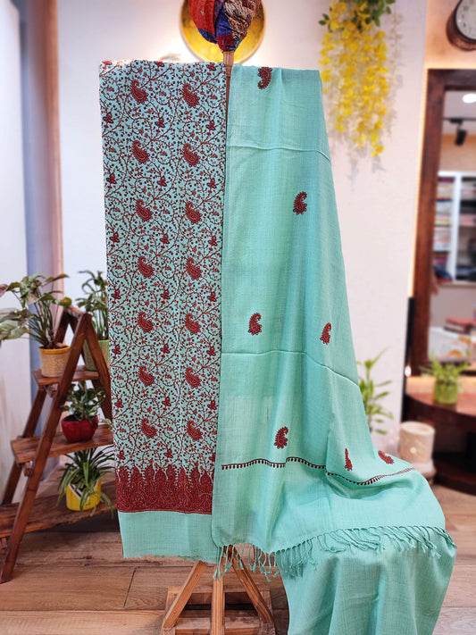 Mint Green Pure Wool Intricately Embroidered Kurta, Pant, and Shawl Set