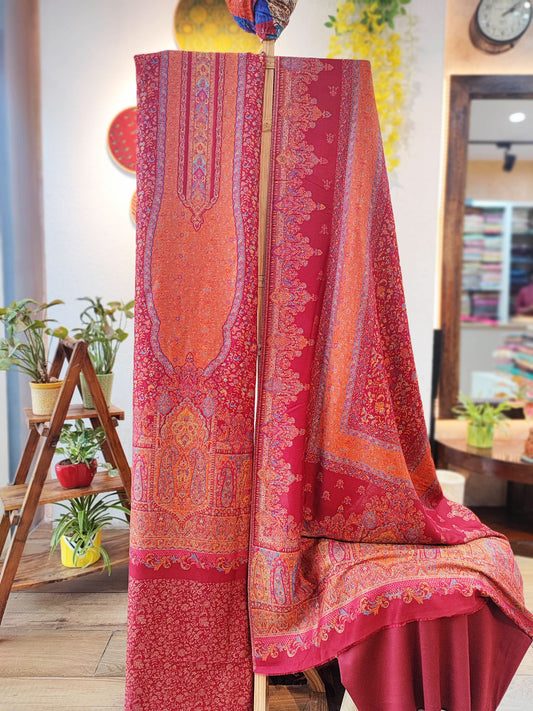 Crimson & Orange Pure Wool Intricately Woven Kurta, Pant, and Shawl Set