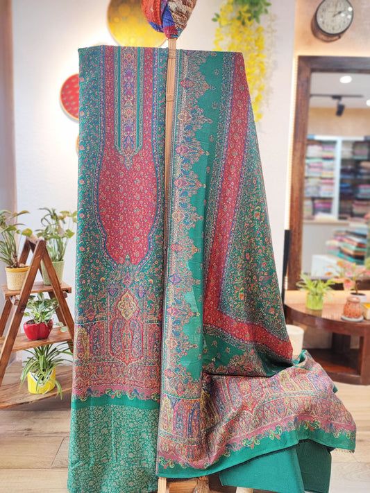 Sea Green Pure Wool Intricately Woven Kurta, Pant, and Shawl Set