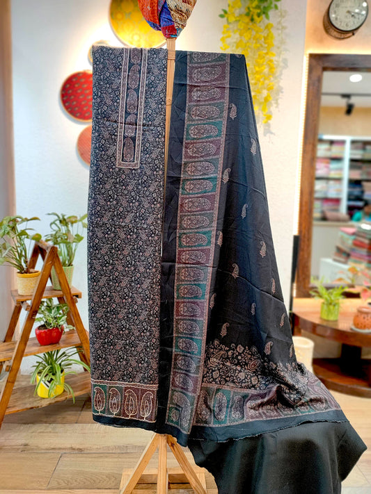 Black Woolen Jamawar Print Kurta, Pant Material and Shawl