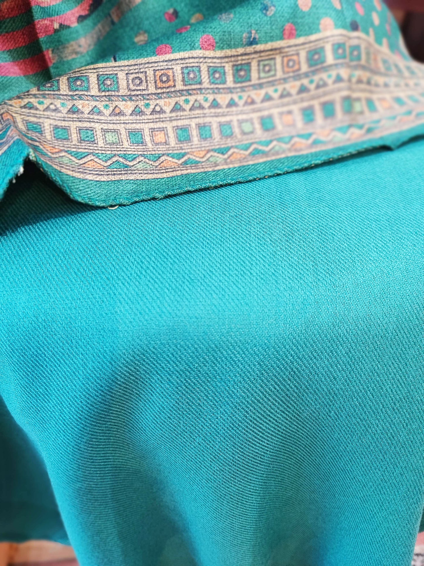 Teal Woolen Digital Print Kurta, Pant Material and Shawl