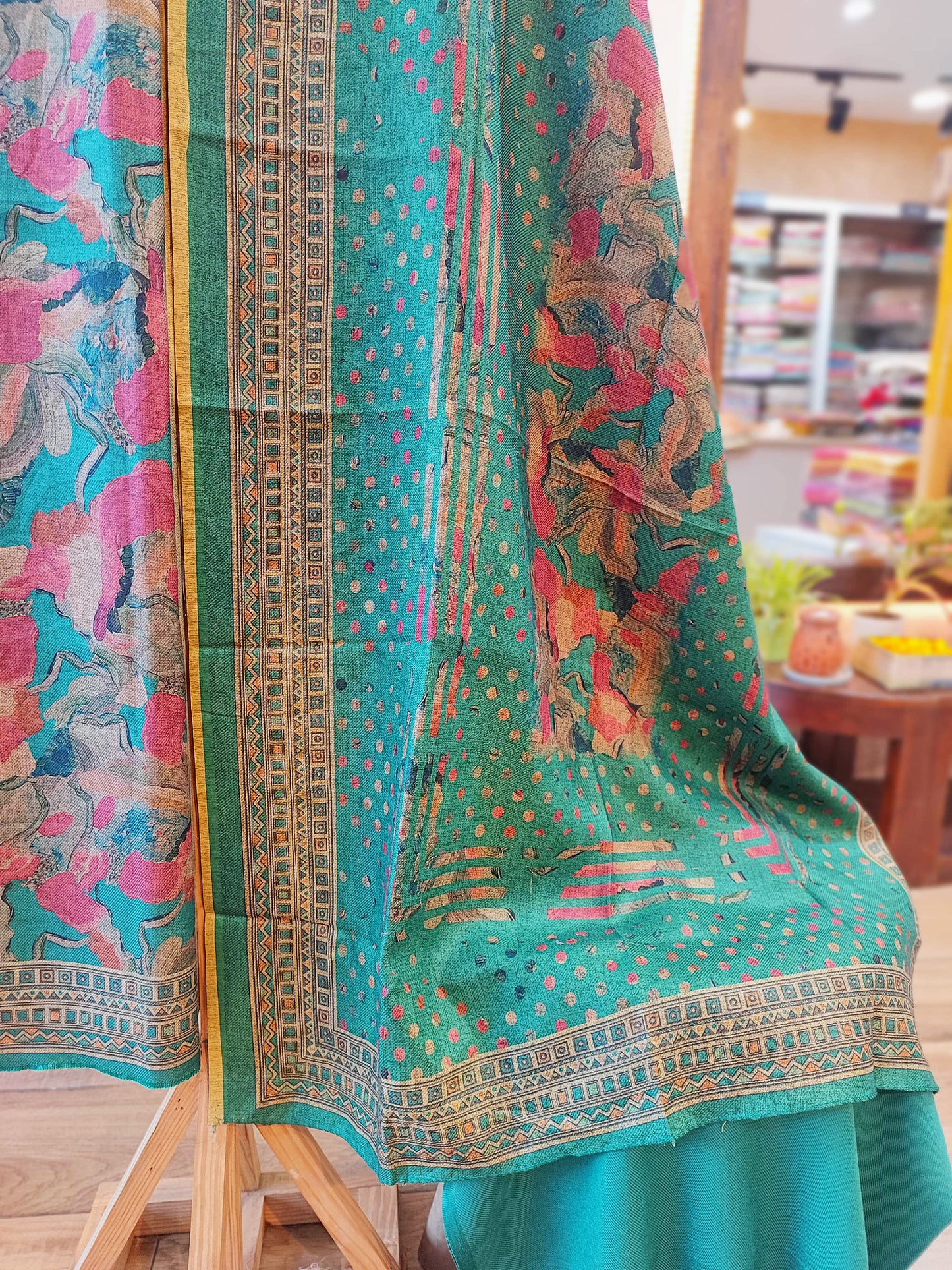 Teal Woolen Digital Print Kurta, Pant Material and Shawl