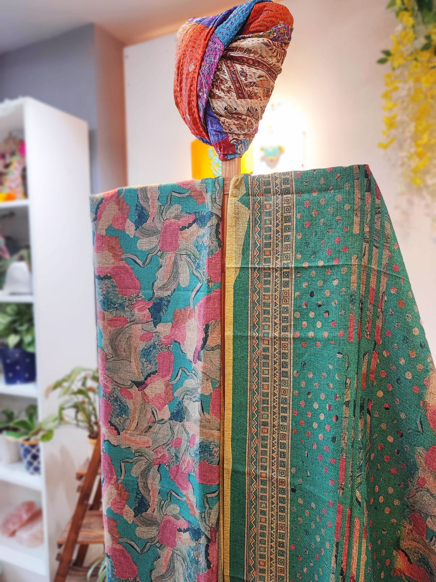 Teal Woolen Digital Print Kurta, Pant Material and Shawl