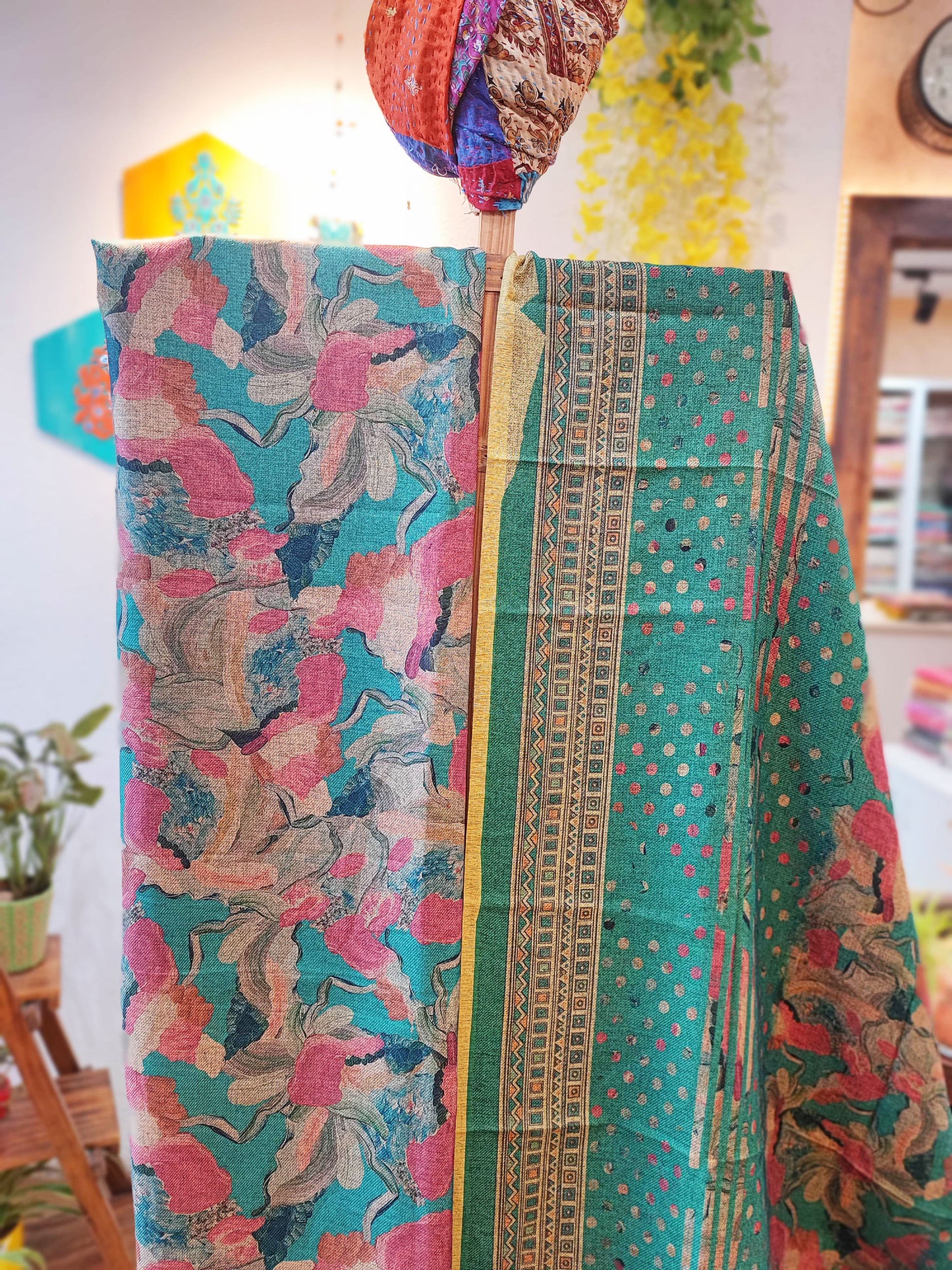 Teal Woolen Digital Print Kurta, Pant Material and Shawl