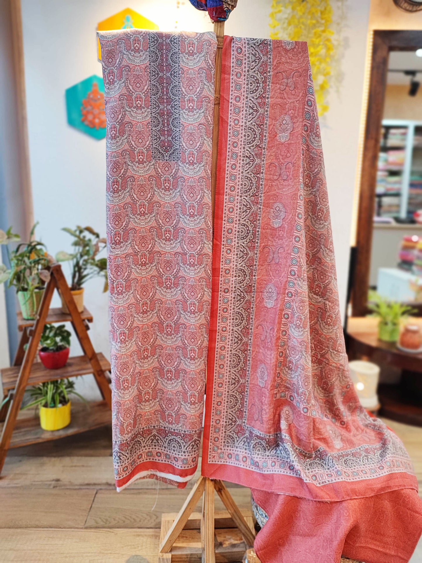 Coral Pink Woolen Digital Print Kurta, Pant Material and Shawl