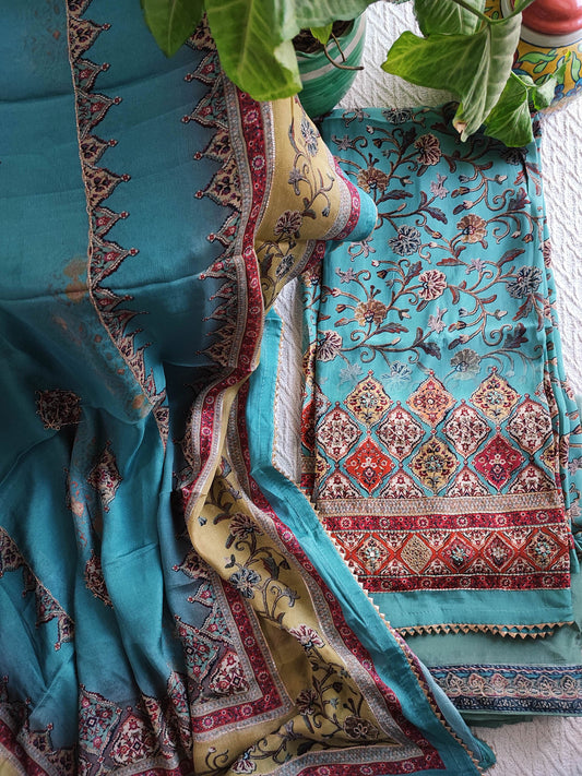 Cyan Pure Crepe Suit Material with Handwork