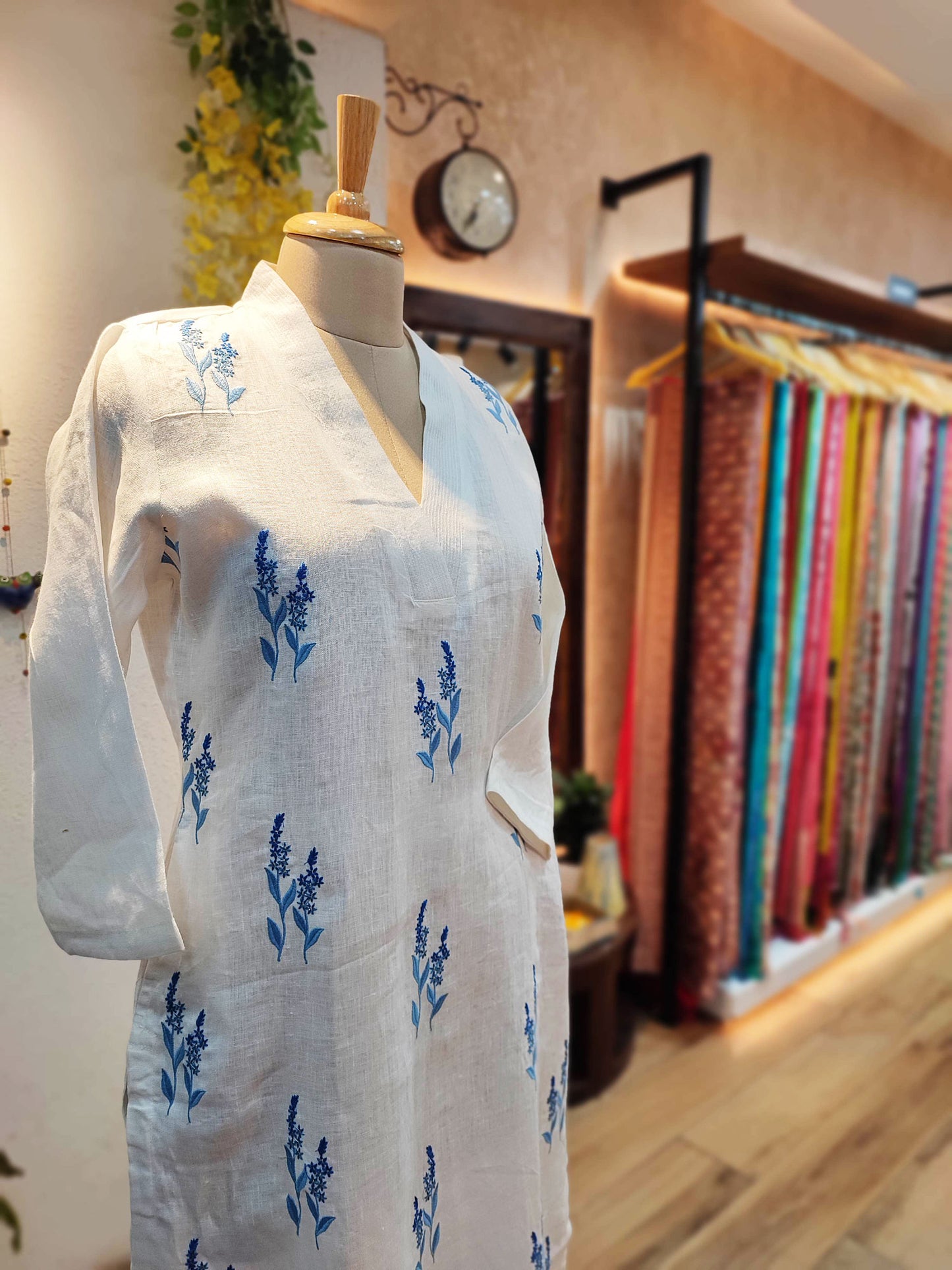 White Linen Kurta with Blue Embroidery