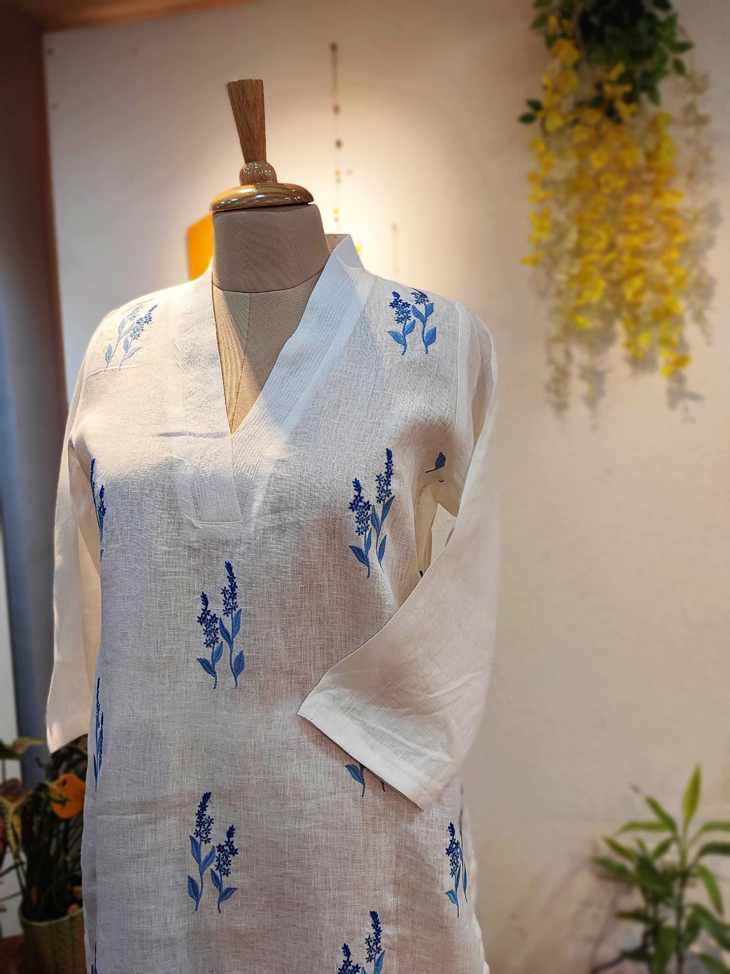 White Linen Kurta with Blue Embroidery