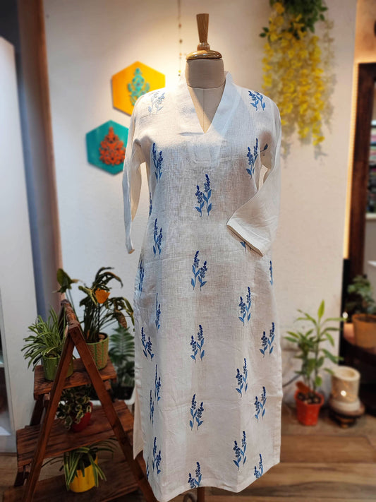 White Linen Kurta with Blue Embroidery