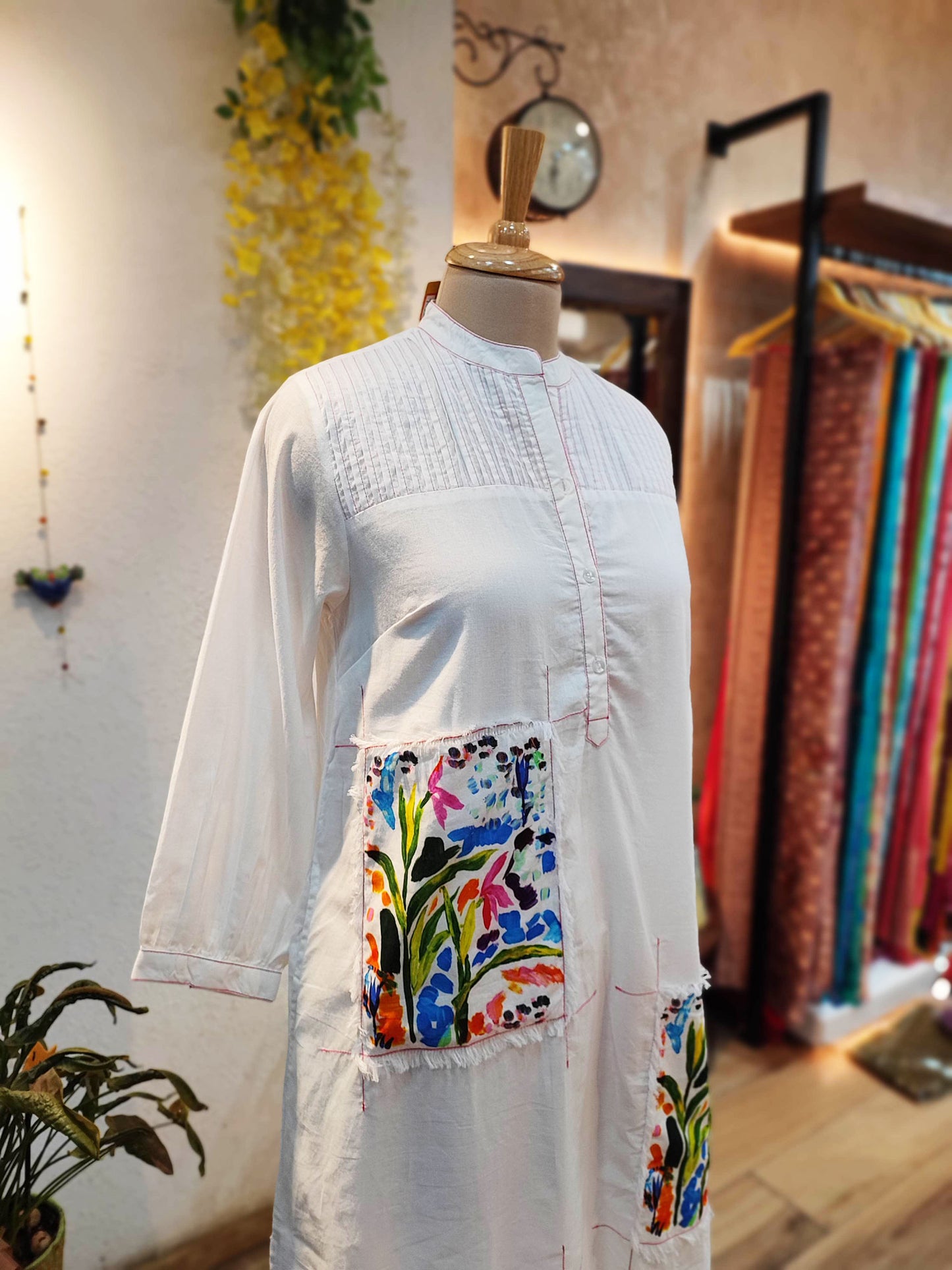 White Mulmul Cotton Full Sleeve Patchwork Dress Cum Kurta