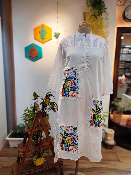 White Mulmul Cotton Full Sleeve Patchwork Dress Cum Kurta