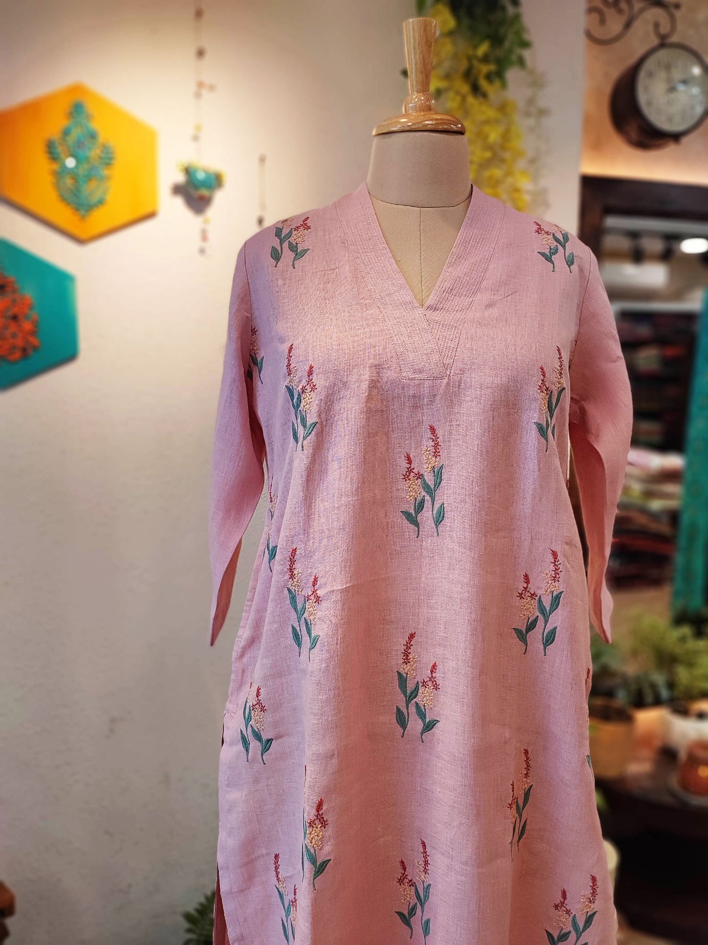 Peach Pure Linen Kurta with Embroidery