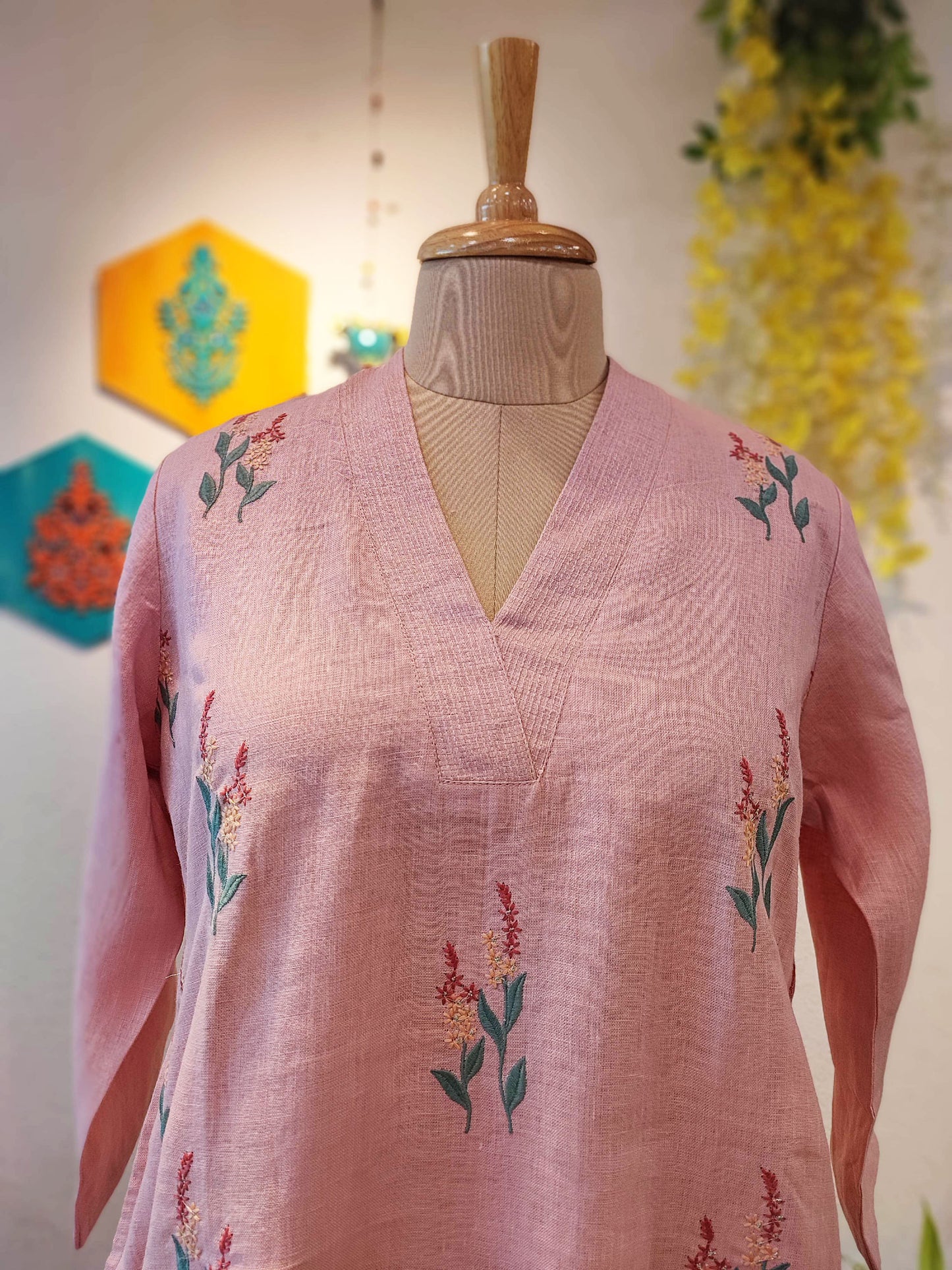 Peach Pure Linen Kurta with Embroidery